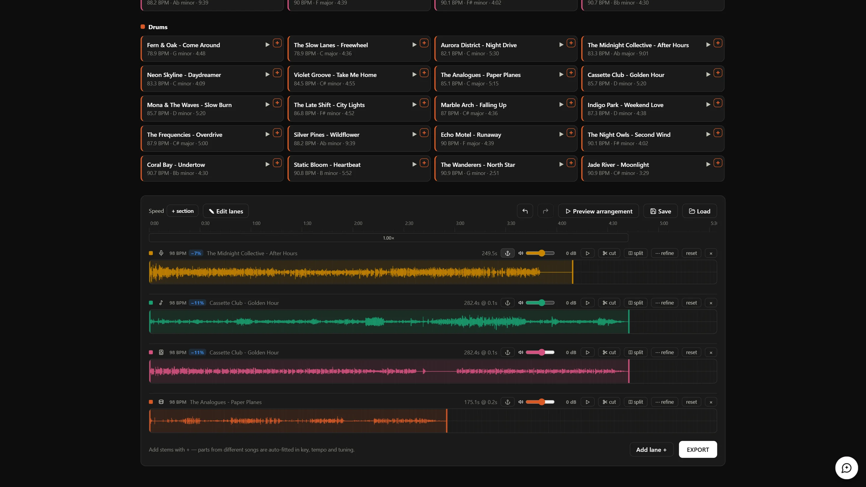 The Frankenstein Audio studio: a library of separated songs and a four-stem arrangement with colorful waveforms